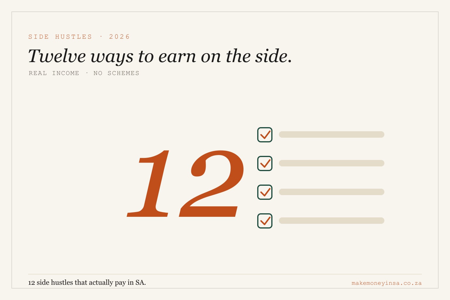 Editorial illustration of a large numeral twelve beside a ticked checklist, representing twelve South African side hustles.