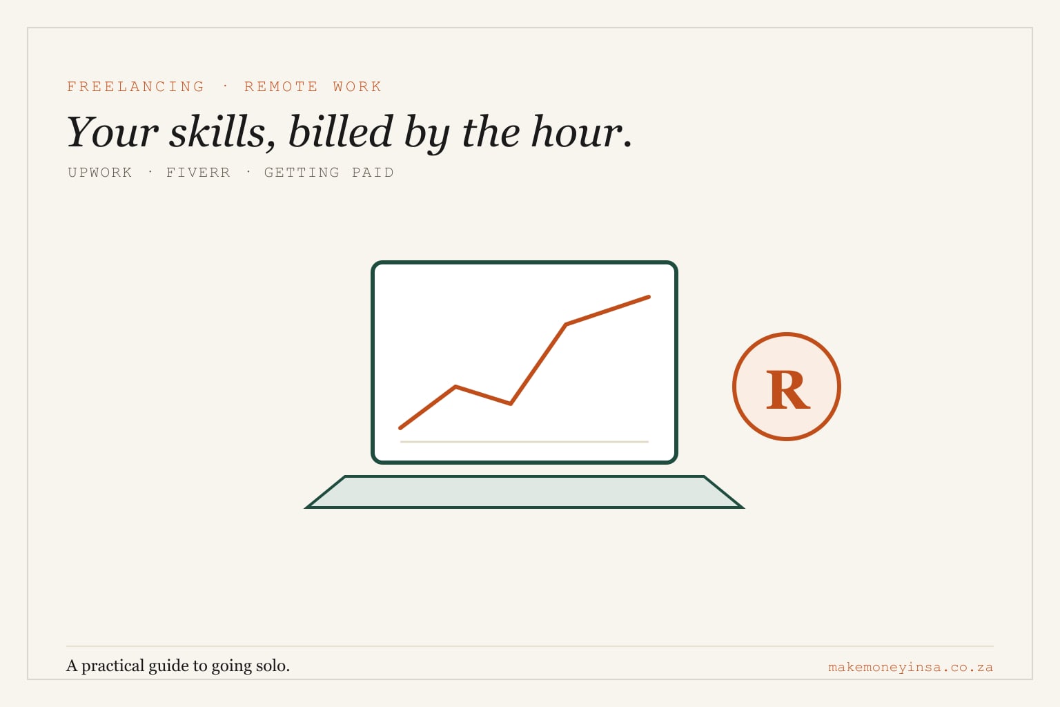 Editorial illustration of a laptop showing a rising earnings chart beside a Rand coin, in brand colours.
