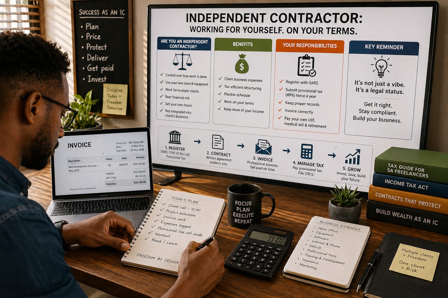 Independent contractor working from a desk with an invoice on screen, a daily plan notebook, and a contractor playbook on the monitor.