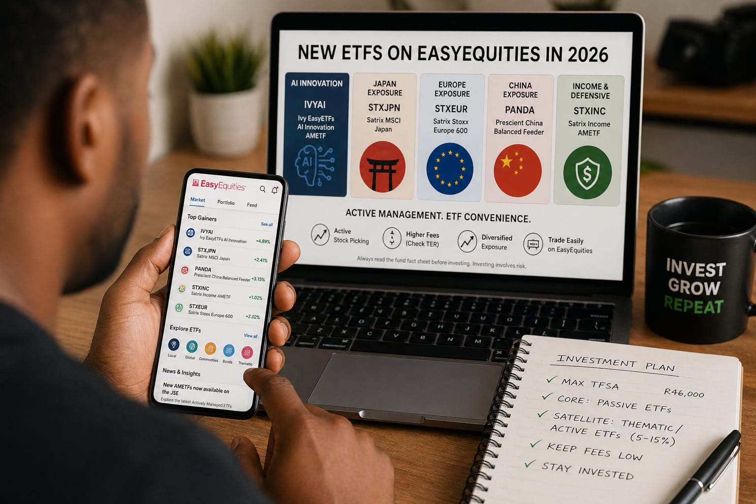 EasyEquities mobile app showing new AMETFs alongside a desktop overview of the IVYAI, STXJPN, STXEUR, PANDA and STXINC funds, with a handwritten investment plan.