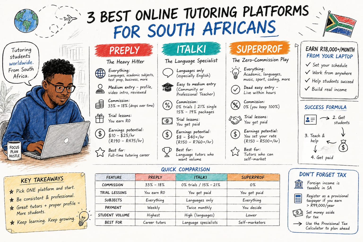 Hand-drawn comparison of Preply, italki and Superprof — commissions, earnings potential, trial-lesson rules and key takeaways for SA tutors.