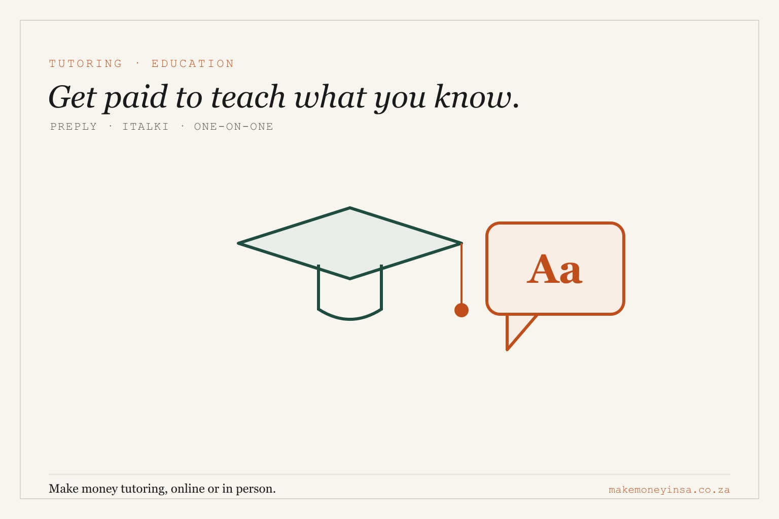 Editorial illustration of a graduation cap beside a speech bubble, representing online tutoring, in brand colours.