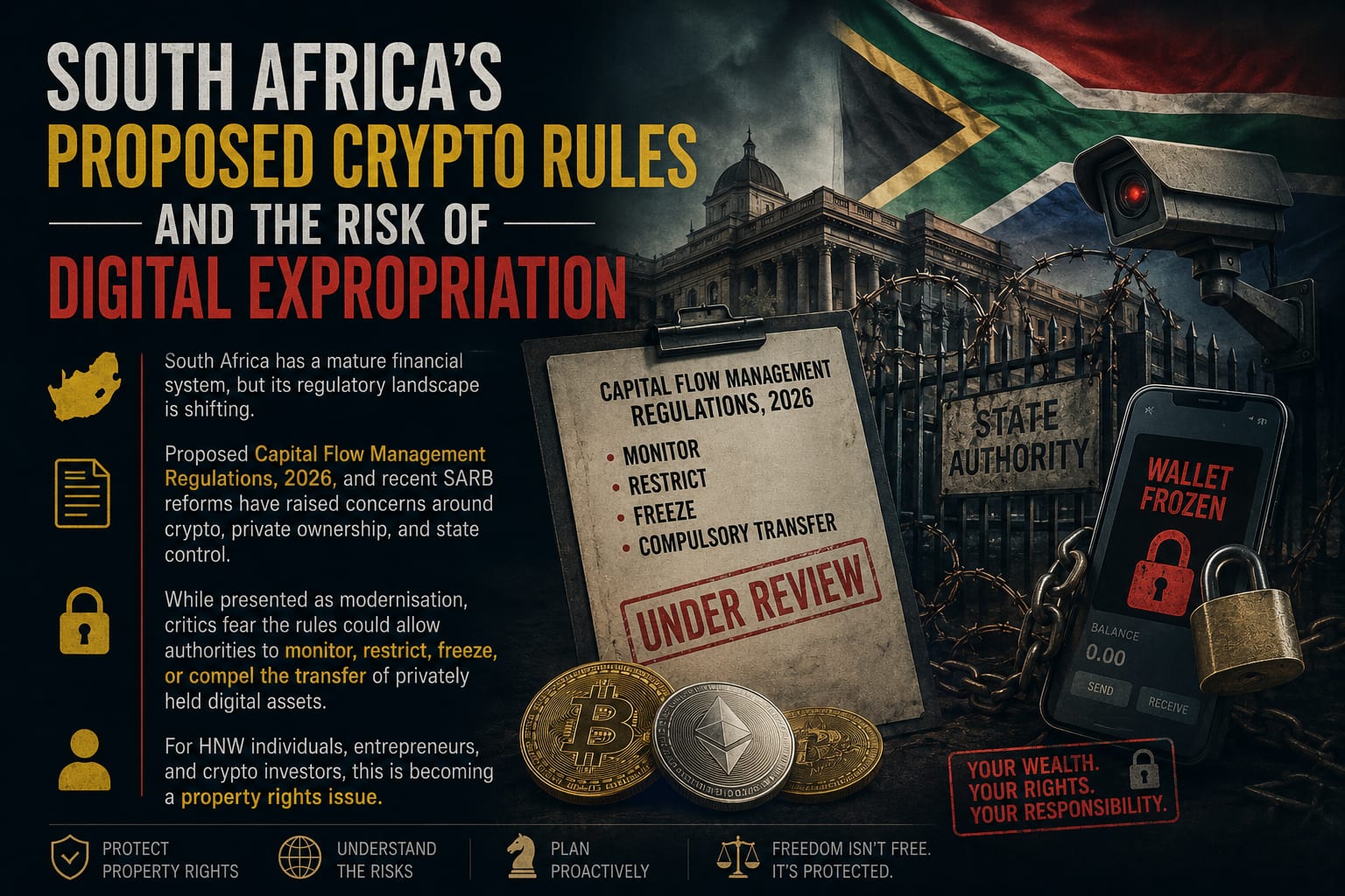 Stylised illustration of crypto, gold and Rand assets under the South African flag, representing the 2026 Draft Capital Flow Management Regulations.