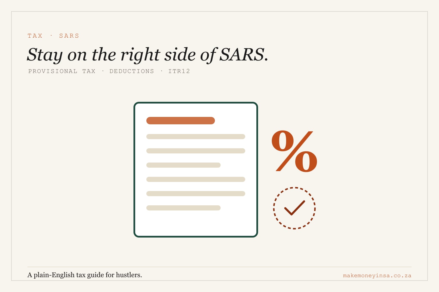 Editorial illustration of a tax form with a percentage symbol and an approval stamp, in brand colours.