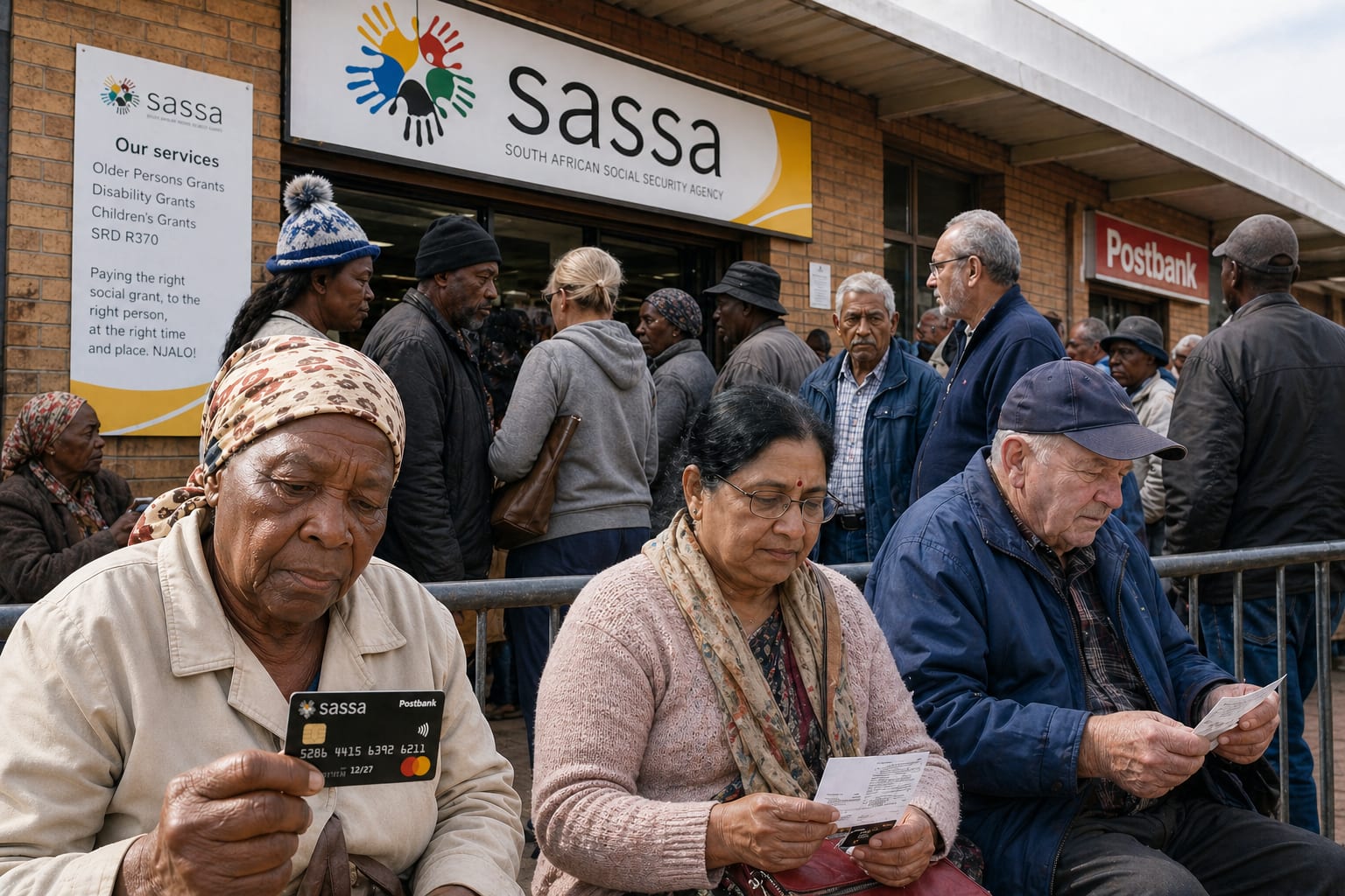 Beneficiaries waiting outside a SASSA branch with their Postbank Black Cards and payment slips.