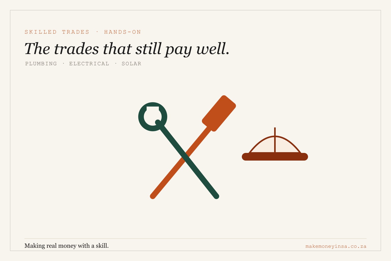 Editorial illustration of a crossed hammer and wrench beside a hard hat, in brand colours.